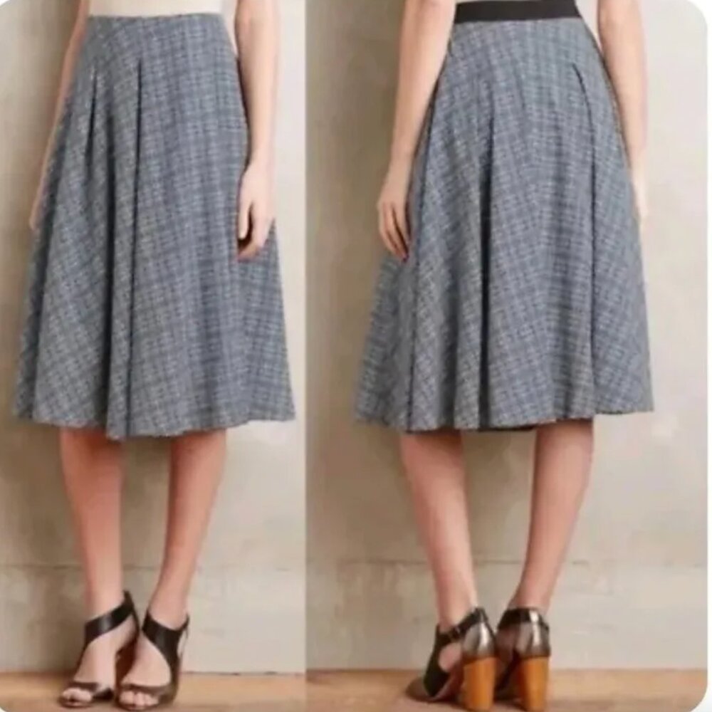 RANNA GILL blue white Aven midi a-line skirt in plaid grid pattern